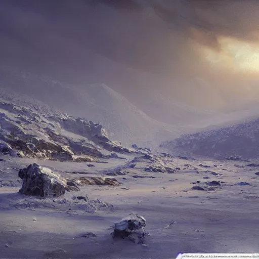 Image similar to winter lanscape, cole, artic wastland, icy tundra, snowy, dark lighting, craig mullins