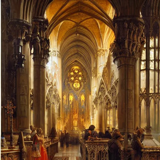 Image similar to inside a giant medieval cathedral, ornate and intricate details. highly detailed painting by gaston bussiere, j. c. leyendecker 8 k