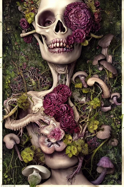 Prompt: beautiful and detailed rotten woman corpse becoming almost a skull with face muscles, veins, arteries, fractal plants and fractal flowers and mushrooms growing around, intricate, ornate, surreal, ray caesar, john constable, guy denning, dan hillier