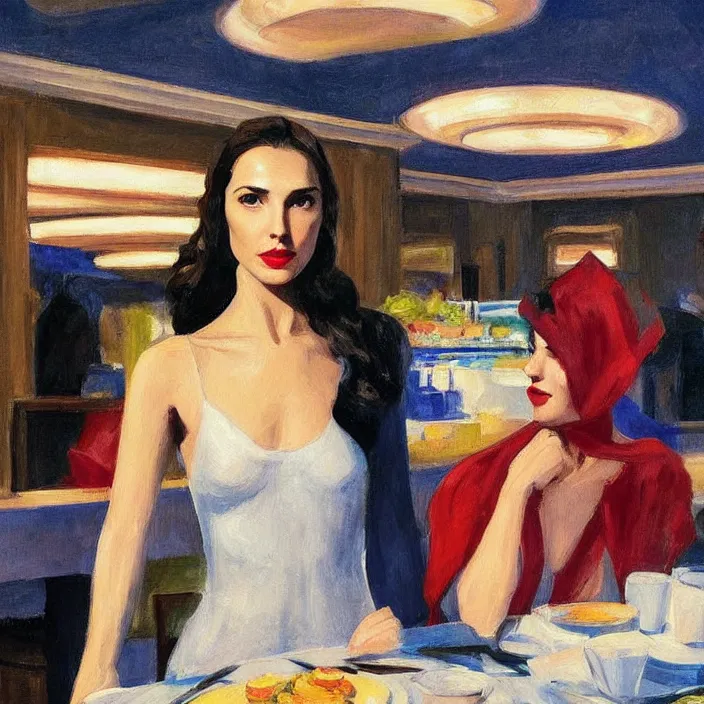 Image similar to Anthony Hopkins Gal Gadot, at art deco restaurant, open ceiling, highly detailed, painted by Edward Hopper, painted by James Gilleard