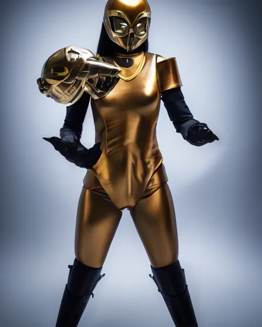 Prompt: realistic photo portrait of a metal hero sentai woman with human head, studio lighting, 1 5 0 mm