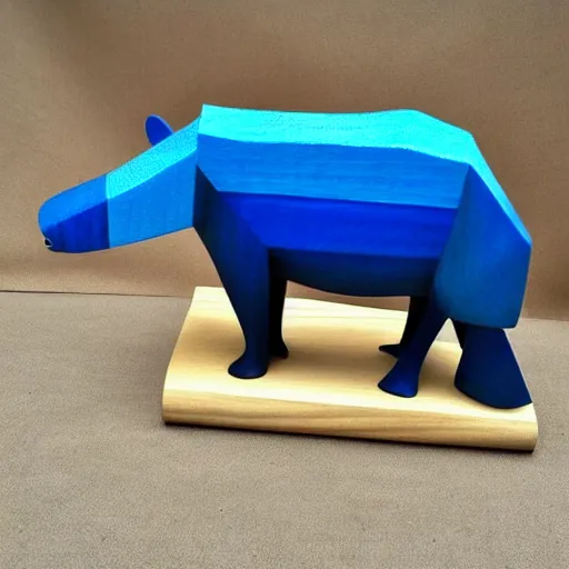 Image similar to a beautiful!!!!! minimalist curvy shaped small sculpture of hippopotamus!!!, ( ( wood ) ) and ( ( blue epoxy ) ), cubic blocks mix stripes cuts, side view profile centered