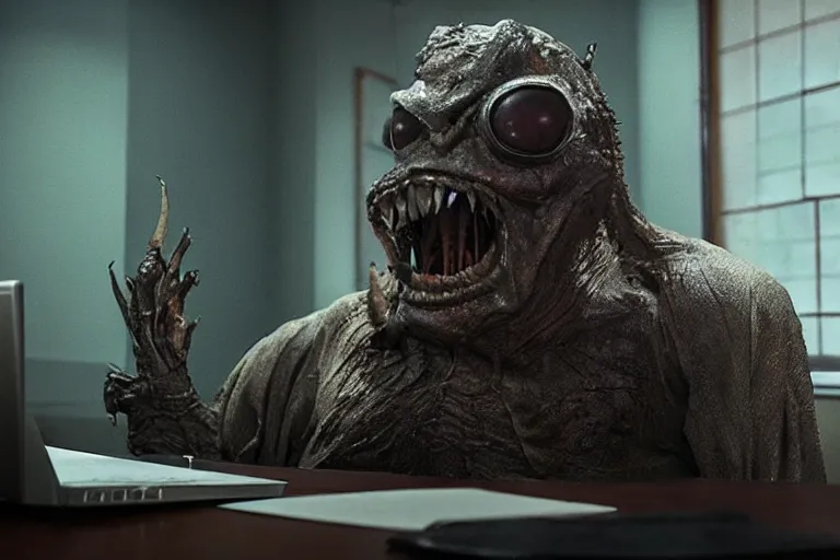 Prompt: creepy monster from a film by guillermo del toro sat in an office behind a computer - n 6