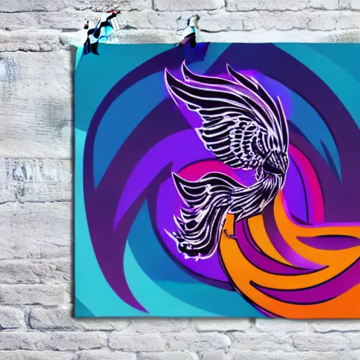 Image similar to white phoenix on flames orange purple background stylised poster art