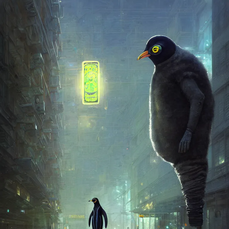 Image similar to A solarpunk very highly detailed Anthropomorphic cybertronic penguin wearing sport suit with very highly detailed face on the street of a very highly detailed solarpunk city digital impressionism art by Greg Rutkowski and Josan Gonzalez, highly detailed, digital concept art, Volumetric natural light, sharp focus, Golden Ratio illustration, realistic concept art by Stephen Hickman and James Gurney and Hiromasa Ogura Ghost in the Shell rendered in VRAY, From the distance