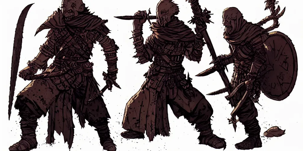 Image similar to warrior character, idle pose, sword, sprite, darkest dungeon, pc game, sideview, art by moebius and greg rutkowski.