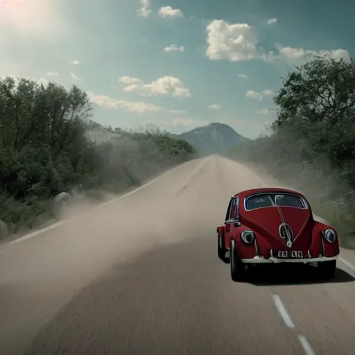 Image similar to promotion movie still of a ( volkswagen beatle ) racing down a dusty back road. cinematic, 4 k, imax, 7 0 mm