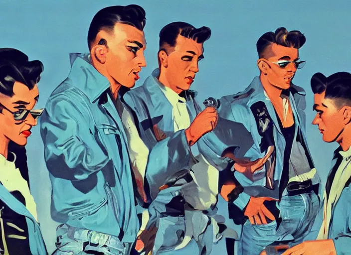 Image similar to rockabilly band 1950s, high detail, golden hour, 8K, by syd mead