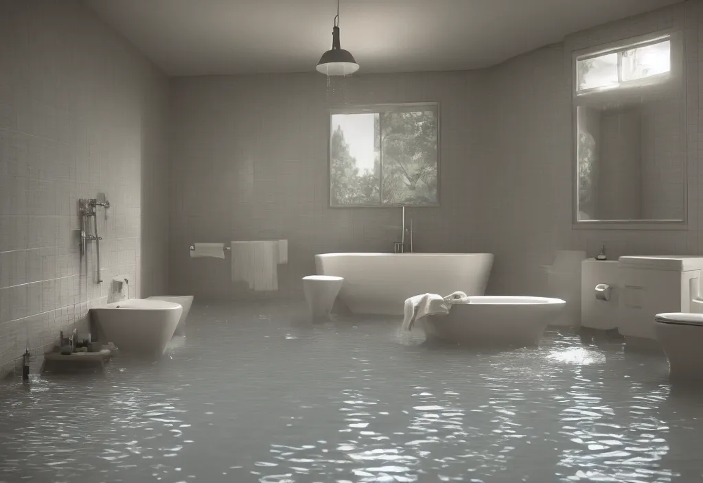 Image similar to kodak portra 4 0 0 photographic and realistic, interior of a bathroom, detailed, octane render, unreal engine, 4 k, artstation, hyper realistic, wide angle, floor flooded, how a river, objects that float, 3 5 mm, sharp focus, soft light, volumetric light, in the style of gregory crewdson