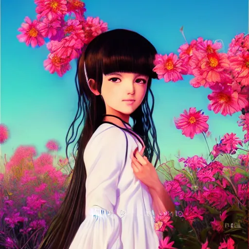 Image similar to little indigenous girl with flowers in hair wearing an white dress. art by ilya kuvshinov, profile picture, inspired in hirohiko araki, realistic, highly detailed, 8 0 s anime art style, vogue cover