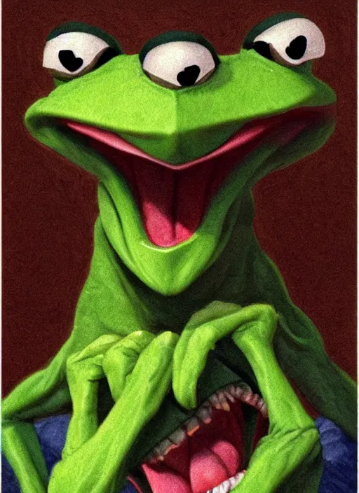 Image similar to portrait of Evil and screaming Kermit the frog in The Thing (1982) highly detailed, centered, solid color background, digital painting, artstation, concept art, smooth, sharp focus, illustration, artgerm, donato giancola, Joseph Christian Leyendecker, Les Edwards, Ed Repka, WLOP, Artgerm