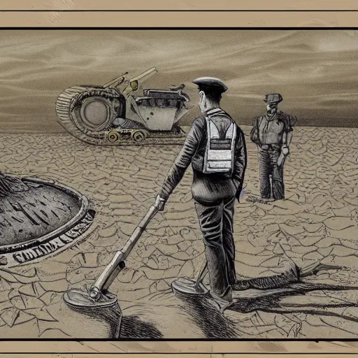 Image similar to in the distance, in the center of a large sand pit, there is a large golden ball in the sand, a broken excavator and a man in military uniform standing nearby, stylization of a book illustration, high - quality, depth of sharpness, focus on the object