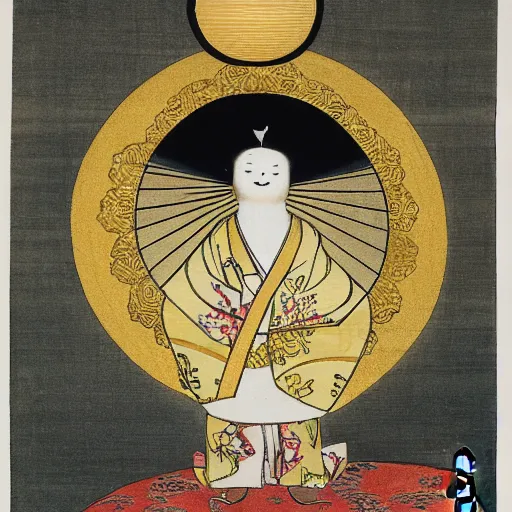 Image similar to an anthropomorphic baby harp seal deity, radiating golden light, wearing royal kimono, Japanese ink drawing from 1850