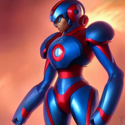 Image similar to photorealistic futuristic version of mega man x armor, unreleased concept art, pixiv, intricate, elegant, highly detailed, digital painting, artstation, concept art, smooth, sharp focus, illustration, art by artgerm and greg rutkowski and alphonse mucha