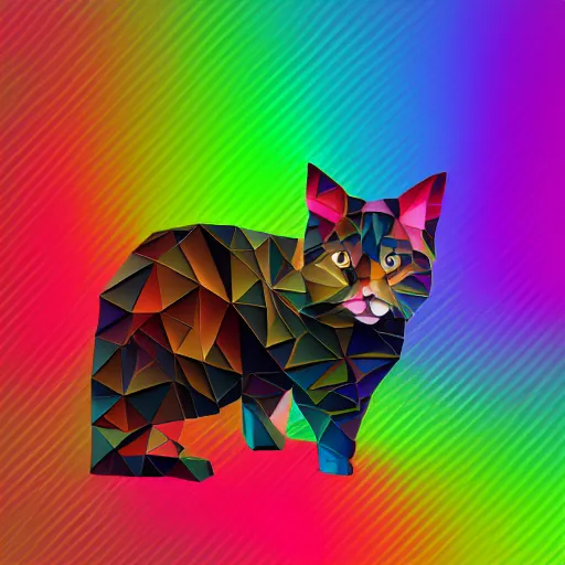 Prompt: low poly cat, silk texture, rainbow gradient color, vivid colors, Starburst background