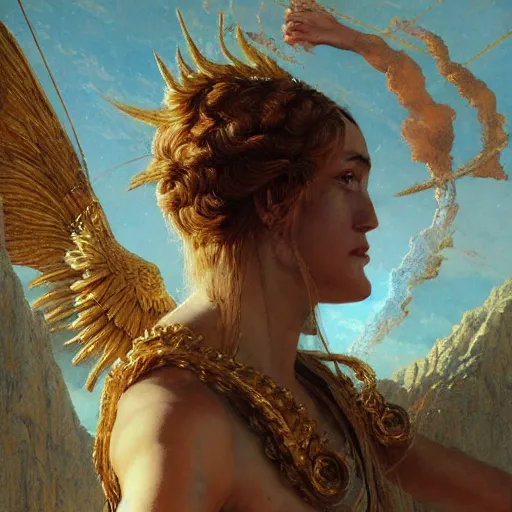 Image similar to Bright explosive Birth of Athena from the head of lightning god Zeus, hyperrealism, no blur, 4k resolution, ultra detailed, style of Greg Rutkowski, Carlos Schwabe, Dragan Bibin, Carl Spitzweg, Georges Desvallières, Tyler Edlin, Frank Frazetta