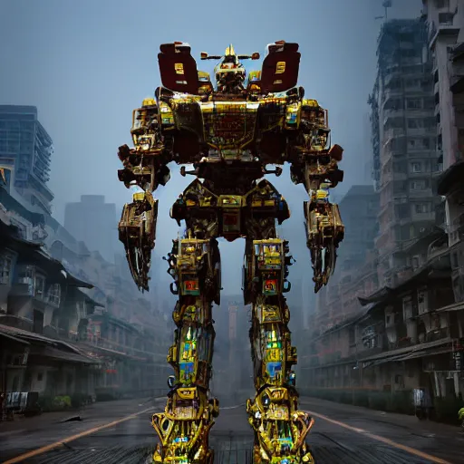 Prompt: a beautiful hyperrealistic ultradetailed 3D render of a gigantic javanese mecha standing in a city in China, by brian sum and stephen martiniere and Antonio Manzanedo. mech, dragon, unreal engine, octane render, PBR, 3D, brilliantly colored, intricate, wide angle, volumetric lighting, polished, path tracing