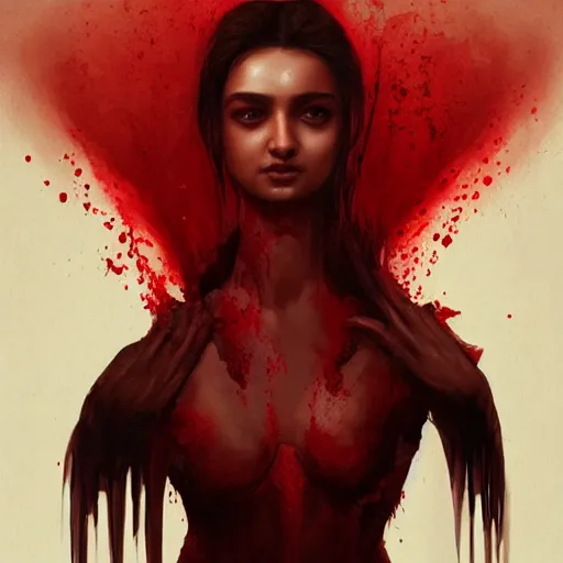 Prompt: portrait of aalia bhatt upper body in bloody business suit, blood red eyes, vampire fangs, fantasy, intricate, elegant, highly detailed, digital painting, artstation, concept art, matte, sharp focus, illustration, art by aenaluck and roberto ferri and greg rutkowski, epic fantasy, digital painting