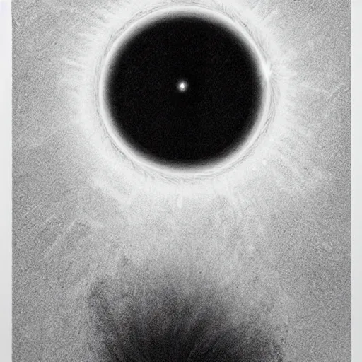 Image similar to a beautiful illustration of a black hole. this hole appears to be a portal to another dimension or reality, and it is emitting a bright, white light. there are also stars and other celestial objects around it. charcoal, botanical illustration by daniel jaems weary