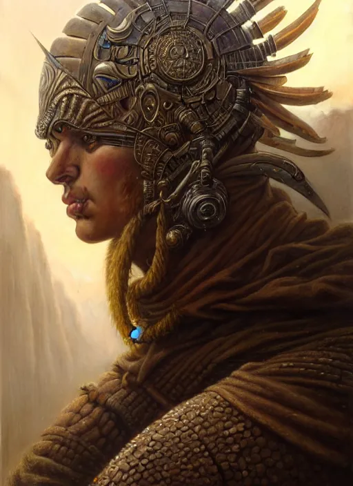 Image similar to closeup portrait shot of a warrior in a scenic dystopian environment, intricate, elegant, highly detailed, centered, digital painting, artstation, concept art, smooth, sharp focus, illustration, artgerm, tomasz alen kopera, peter mohrbacher, donato giancola, joseph christian leyendecker, wlop, boris vallejo