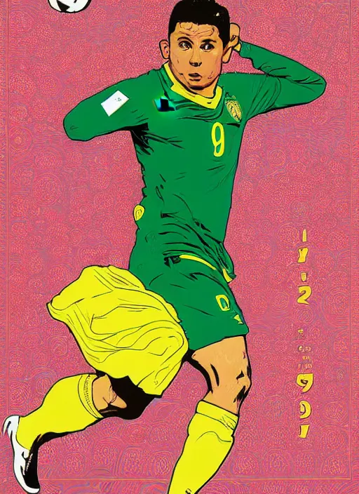 Prompt: fractal og ronaldo nazario r 9 short haircut wearing number nine 2 0 0 2 world cup brazil goal, poster art by poster art by victor moscoso dan mumford kilian eng hannah jeffrey smith rick griffin alphonse mucha gustav klimt ayami kojima amano charlie, yellow and green