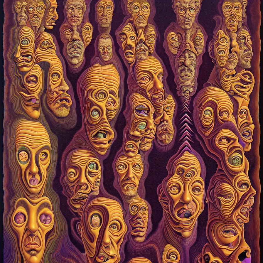 Prompt: infinite fractals of faces forming a single human face, recursion, surreal, by salvador dali and mc escher and alex grey, oil on canvas, weird, dreams, consciousness, strange loops, fantasy, intricate details, warm colors