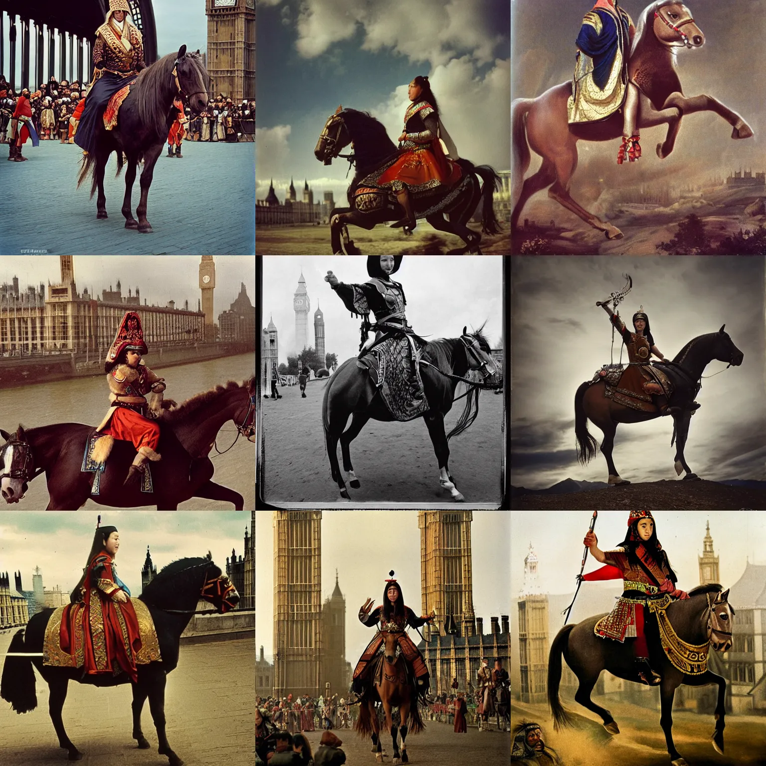 Prompt: A young woman as Genghis Khan on a horse, approaching Big Ben, 1683, alternate history, photography by Annie Leibovitz