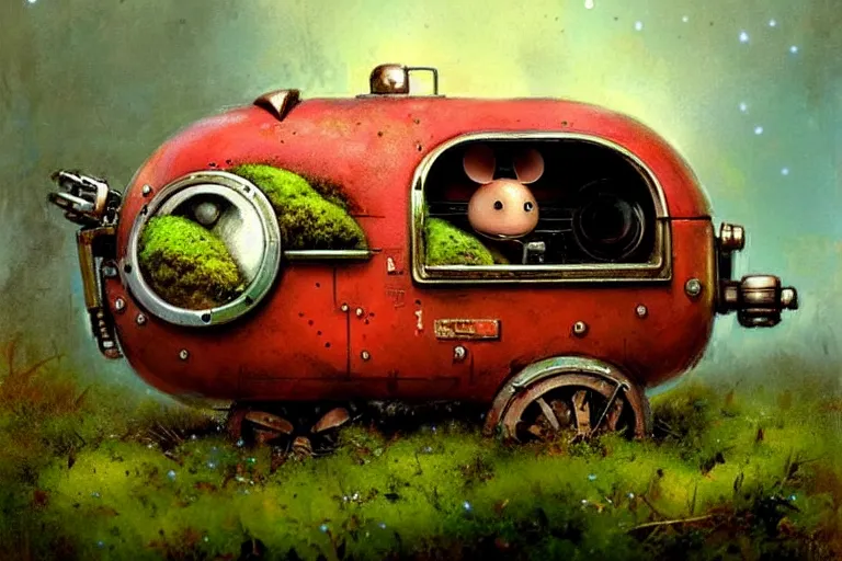 Prompt: adventurer ( ( ( ( ( 1 9 5 0 s retro future robot android mouse wagon. muted colors. background of mushrooms and moss ) ) ) ) ) by jean baptiste monge!!!!!!!!!!!!!!!!!!!!!!!!! chrome red