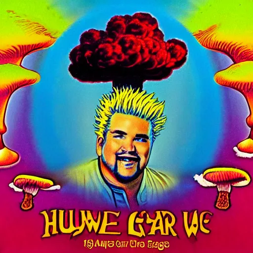 Image similar to 8 0 s new age album cover depicting a mushroom cloud in the shape of guy fieri, very peaceful mood