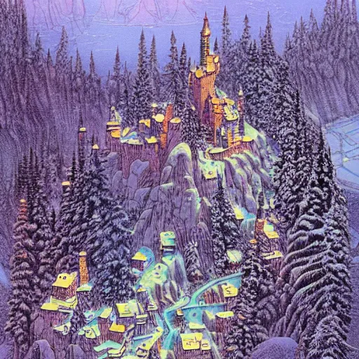 Prompt: An isometric overhead view of a narrow valley, winter time, dark pine trees, a small village, a tall castle guarding one end of the valley, fantasy style, D&D sourcebook, art by Moebius, hyper detailed, high quality