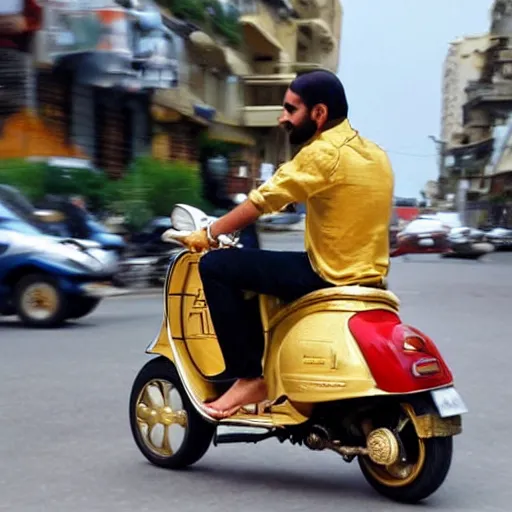 Image similar to a rich arab prince riding a gold plated vespa in heavy traffic