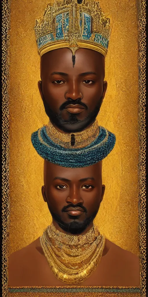 Prompt: a stunning and noble highly detailed romantic period style portrait of Mansa Musa by Josep Tapiró Baró, trending on artstation, oil painting masterpiece, symmetry, fractals, African iconography