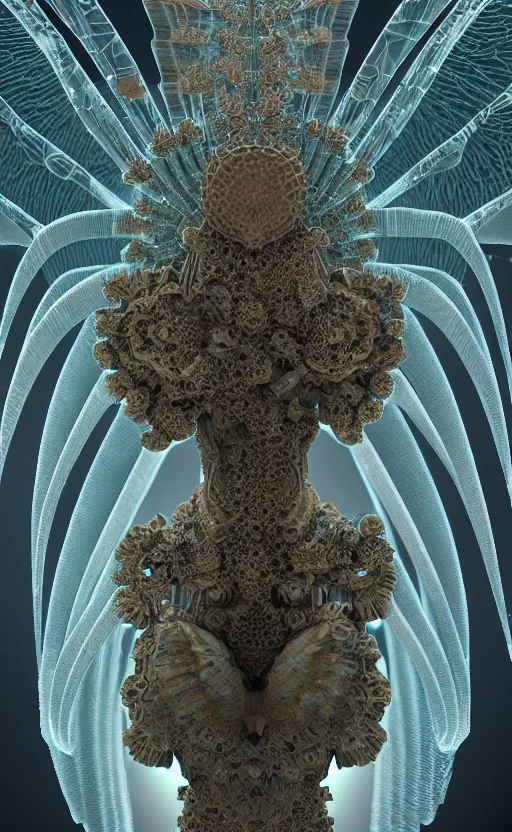 Prompt: intricate armored angel, eagle coral, jelly fish, mandelbulb 3 d, fractal flame, octane render, cyborg, biomechanical, futuristic, by ernst haeckel