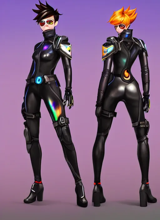 Image similar to full body digital artwork of tracer overwatch, wearing black iridescent rainbow latex, 4 k, expressive happy smug expression, makeup, in style of mark arian, wearing detailed black leather collar, wearing sleek armor, black leather harness, expressive detailed face and eyes,