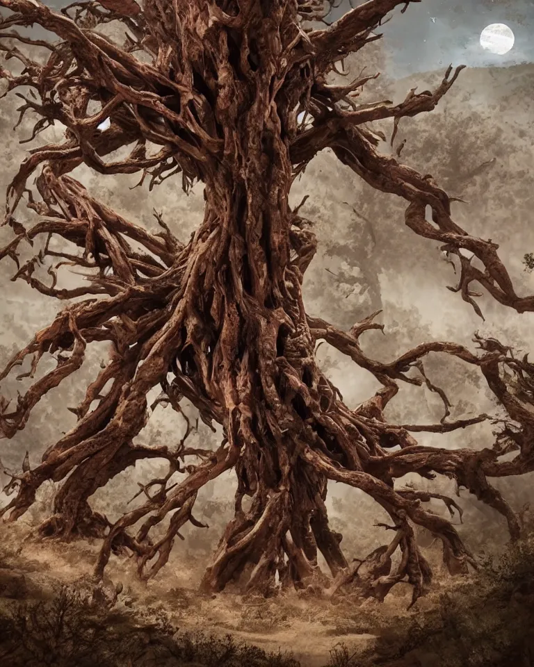 Prompt: A giant mythical wretched tree made of human flesh, limbs and bones growing in the middle of a desert canyon filled with dangerous creatures.