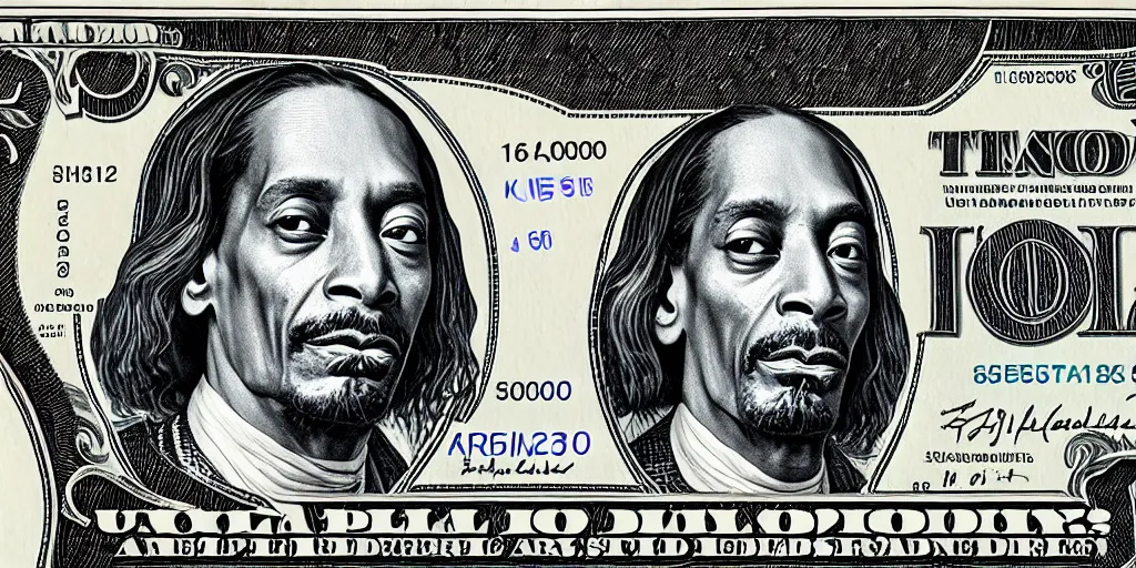 Image similar to a thousand dollar us bill featuring snoop dogg