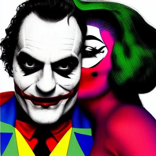 Image similar to richard hamilton and mimmo rottela as lady gaga harley queen and joaquin phoenix joker kissing, pop art, medium long shot, 2 color, random content position, object details, dynamic composition, 4 k, ultra realistic art, smooth, sharp focus, illustration, concept art, intricate details, h 7 6 8