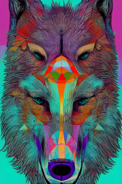 Image similar to Portrait of a wolf head. Acid trip colors, very geometrical, symmetrical, brutalist, cement, psychedelic colors, trending on artstation