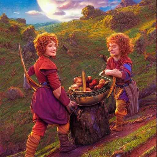 Prompt: halflings hobbits Merry and Pippin by Mark Brooks, Donato Giancola, Victor Nizovtsev, Scarlett Hooft, Graafland, Chris Moore