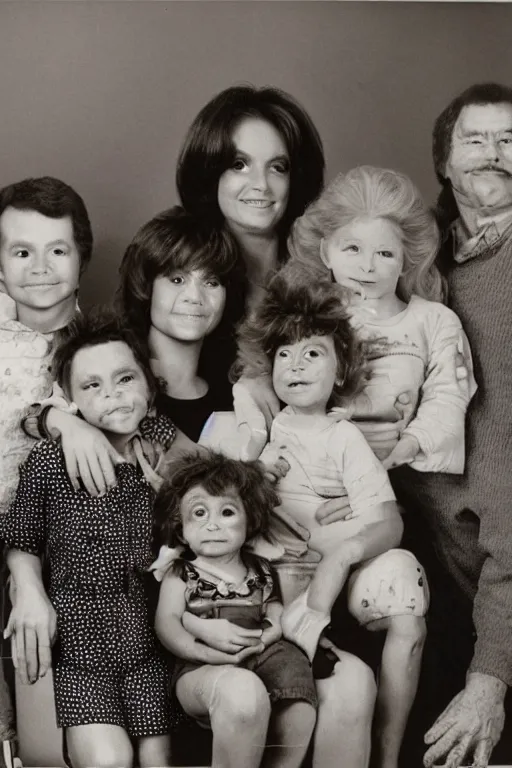 Image similar to alien family photo, 1 9 8 0 s, olan mills studio, color