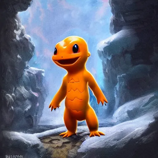 Image similar to a charmander made of ice, ultra realistic, concept art, intricate details, highly detailed, photorealistic, octane render, 8 k, unreal engine, art by frank frazetta, simon bisley, brom