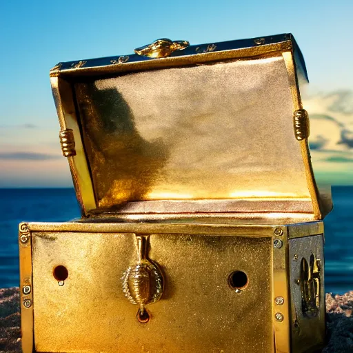 Prompt: Photo of a treasure chest filled with gold and golden accessory on a island, 8k, golden hour, dramatic lighting