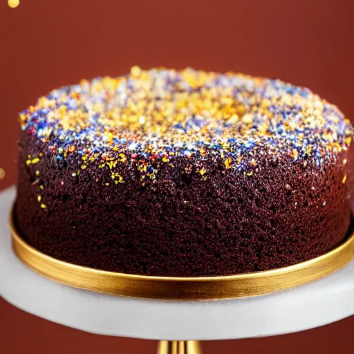 Image similar to a photo of the most delicious chocolate cake mankind has ever seen, gold sprinkles, studio lighting, 8 0 mm lens, ultra detailed, hyper realistic, realistic materials