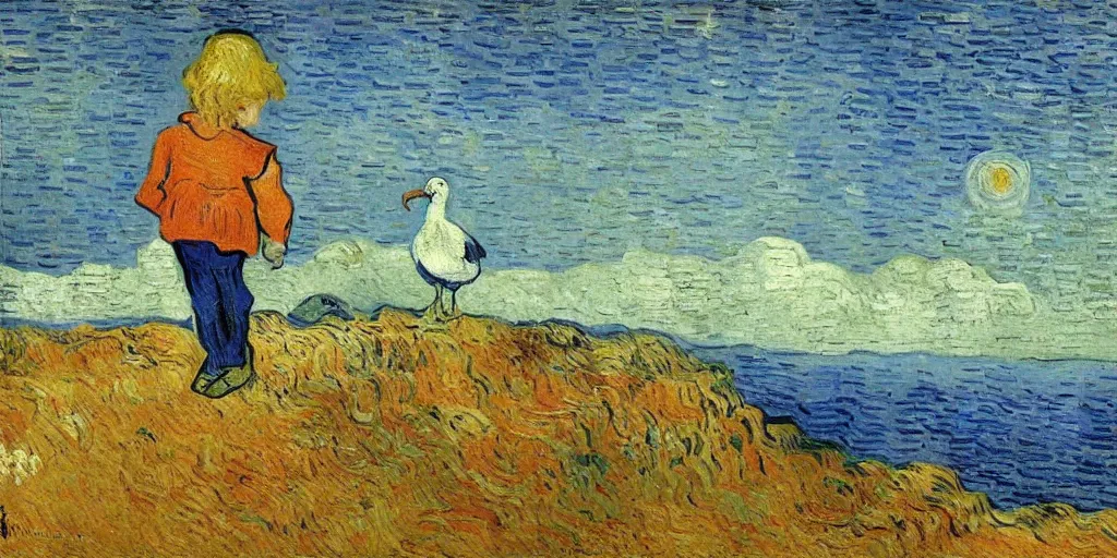 Image similar to A little girl watching seagulls on the edge of a cliff, by Vincent Van Gogh