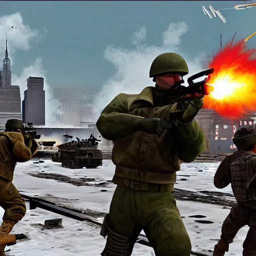 Image similar to The war between the Soviet Union and America, the action takes place in New York, far away against the background of the Statue of Liberty, a lot of soldiers and military equipment, a lot of explosions and tracer bullets, a lot of ruins, a very epic battle, the style of the picture game world in conflict