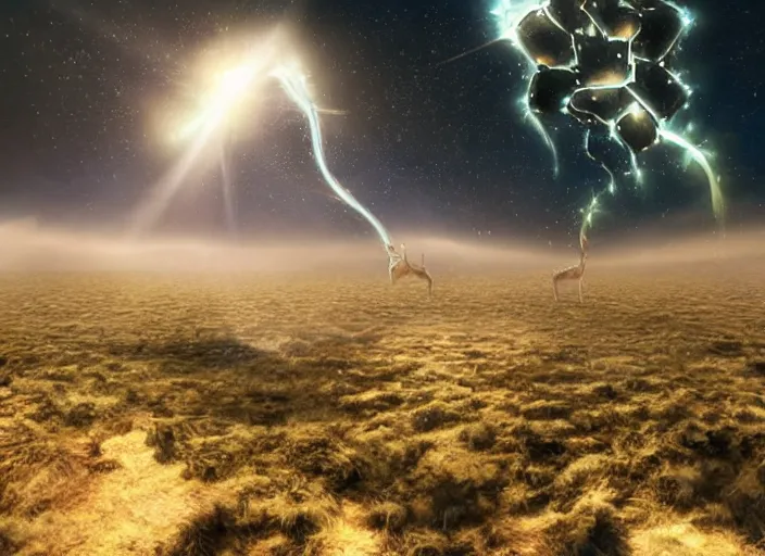 Image similar to giant interdimensional fractal creatures fall from the sky, a vast landscape, dust particles, natural lighting, awe inspiring, wide angle, cinematographic photo, subtle lens flare