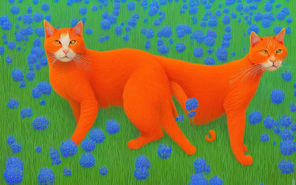 Prompt: an orange cat in a field of turquoise blue flowers, intricate, elegant, highly detailed, digital painting, artstation, concept art, smooth, sharp focus, illustration, by ilya kuvshinov and makoto shinkai and ruan jia