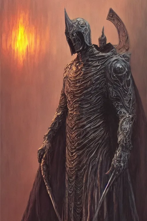 Prompt: Distorted god knight with face of Nicolas Cage in dark robe with a giant reaper scythe, dark fantasy, intricate, highly detailed, smooth, artstation, painted by Wayne Barlowe, zdislav beksinski, Francis Bacon