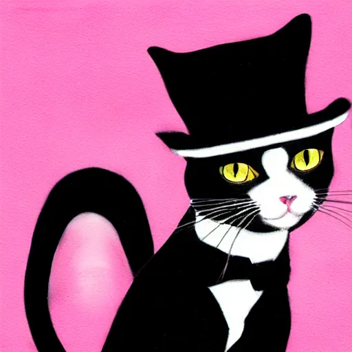 Prompt: a black and white cat wearing a top hat, a pastel by puru, pixiv contest winner, vanitas, smokey background, contest winner, made of trash