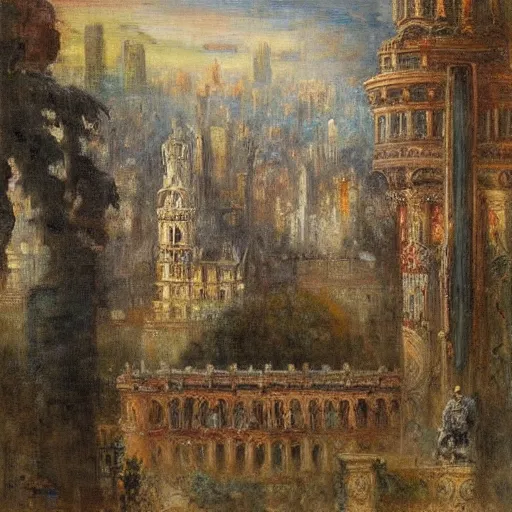 Prompt: a dream city in the style of gustave moreau, fernand keller, oil on canvas, musee d'orsay